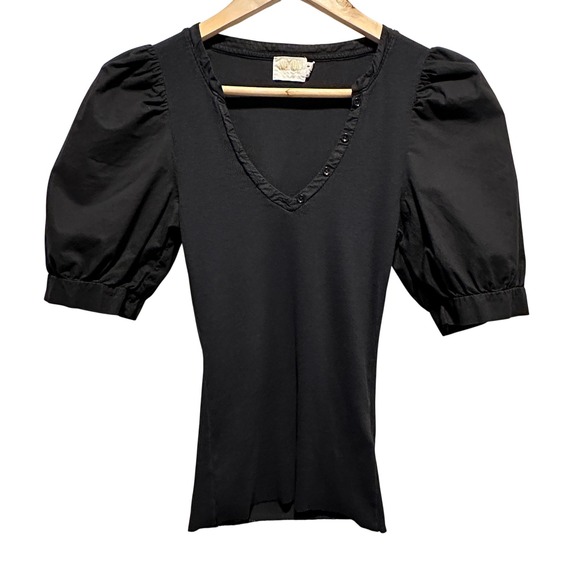 Nation LTD Tops - Nation LTD Natalie Combo Tee Womens Small Puff Sleeve‎ V-Neck Top Black Organic